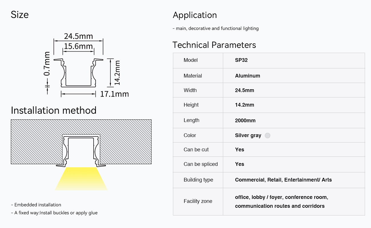 LED Aluminum Channel L2000×24.5×14.2mm - SP32-Recessed LED Channel-09