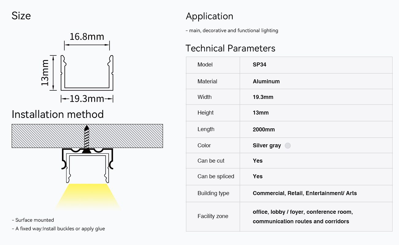 LED aliuminio kanalas L2000 × 19.3 × 13 mm - SP34 - lubų LED kanalas - 09