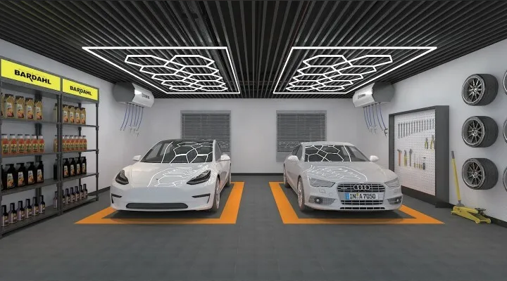 Hexagonal lighting effect on garage ceiling