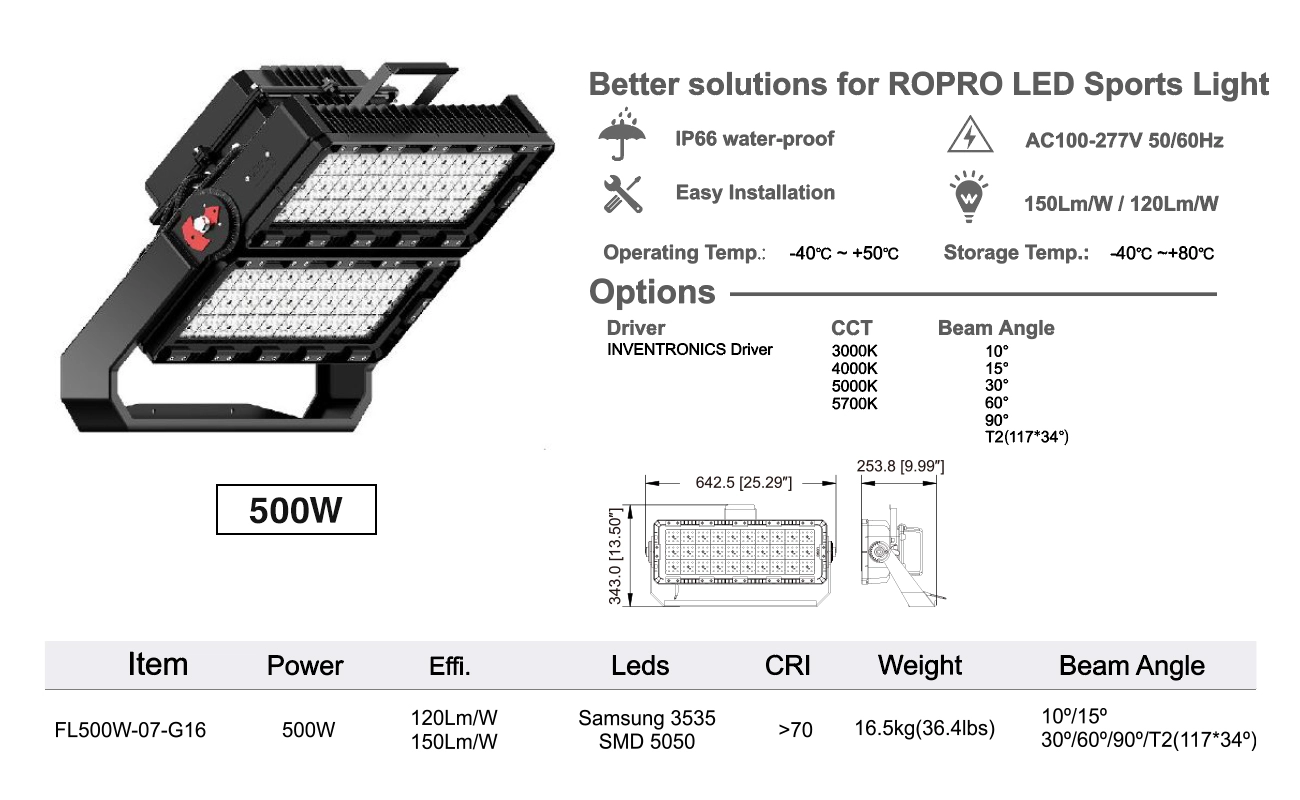 500W LED スポーツ ライト 3000K-5700K ブラック - 投光器-屋外投光器--01